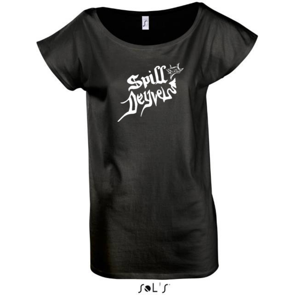 Stylisches Damen Shirt mit weitem Halsausschnitt “Spilldeyvel Schriftzug weiß”